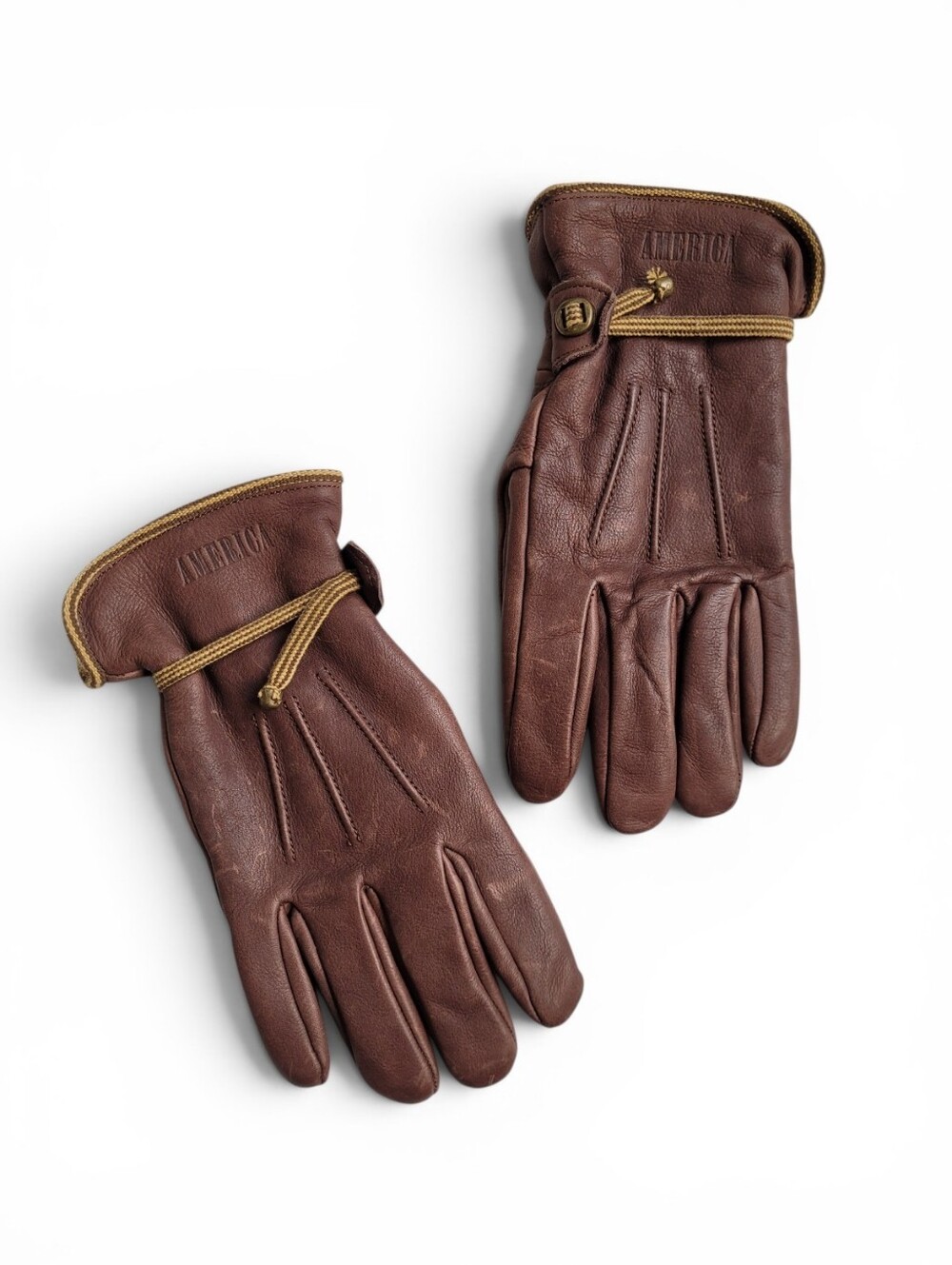 Vintage Brown Leather Ranching Work Gloves with Tan Trim